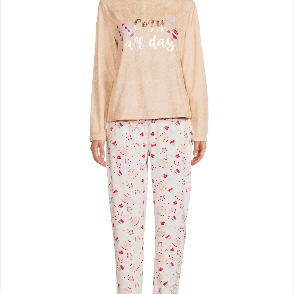 NWT Be Yourself Cozy Pajamas PJs Lounge wear XL pink tan Coffee Latte motif